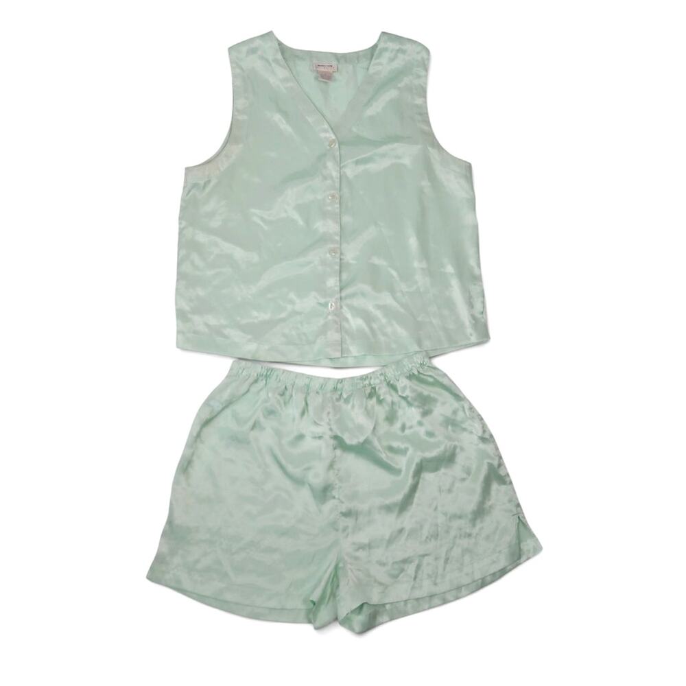 Vintage 90s Nordstrom Mint Green Satin Pajama Set Tank and Shorts M